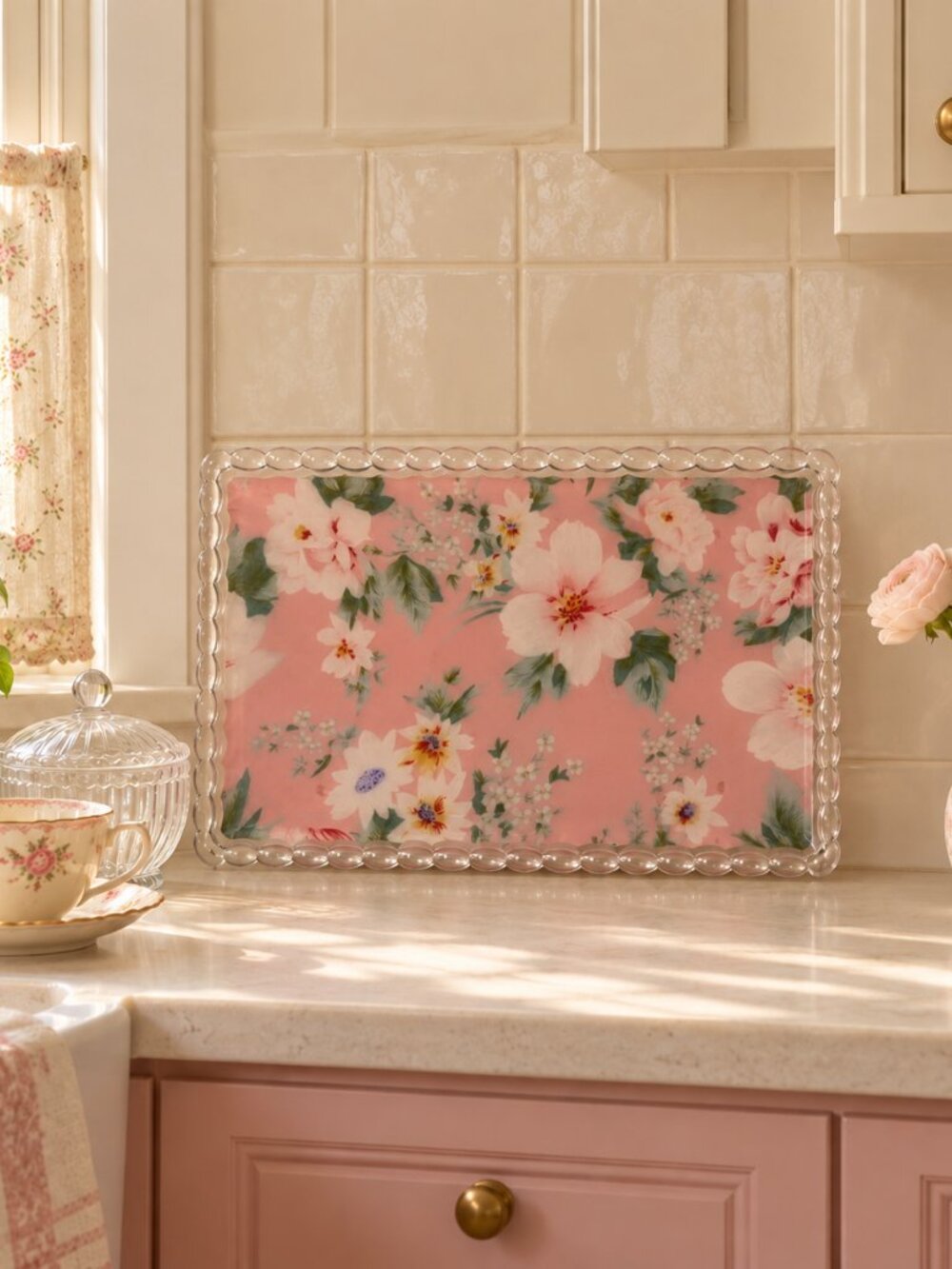 Vintage Floral Pink Rectangular Hard Plastic Serving Scalloped Tray